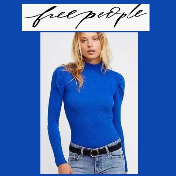 NWOT Free People Puffy Shoulder Long Sleeve Blue Top - Picture 1 of 9